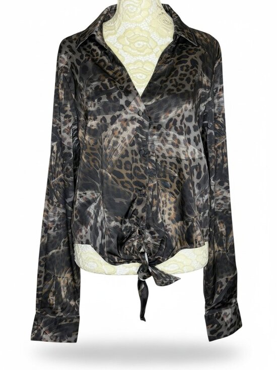 Guess Tops - Guess Satin Blouse Shirt Top Button Front Tie Waist V Neck Animal Print M NWOT